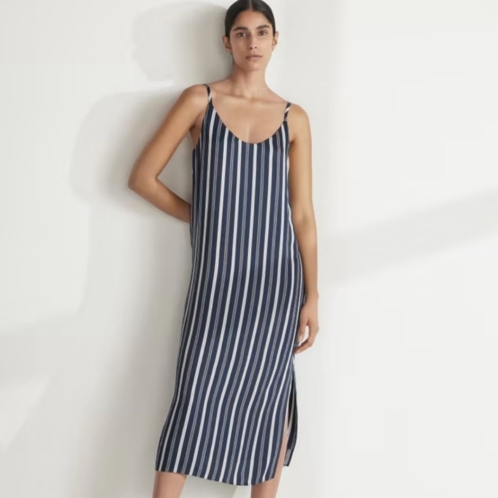 Everlane Navy and Bone Satin Slip Dress